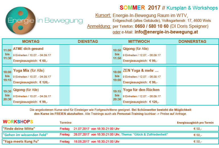 SOMMER-Kurs und Workshopplan ONLINE