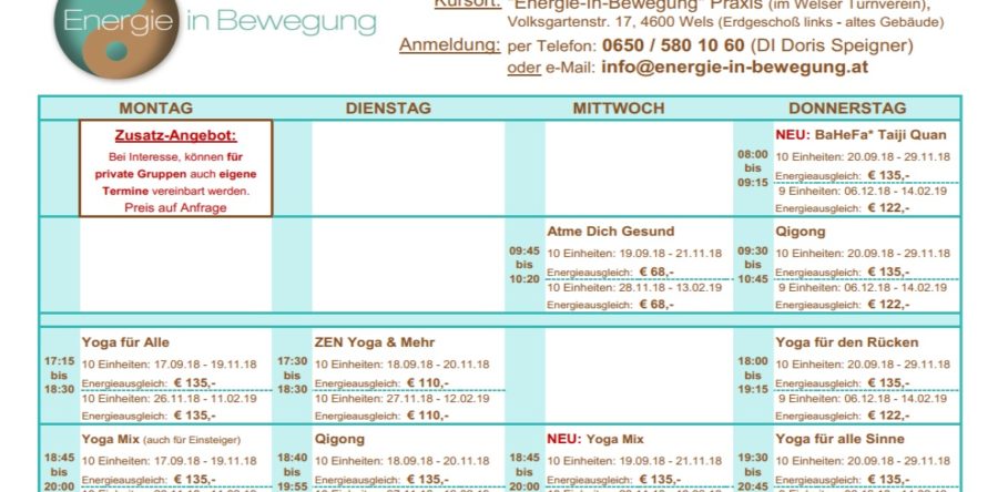 HERBST-Kursplan ist ONLINE …. Start: 17.09.2018