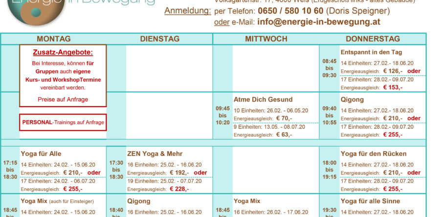 FRÜHJAHR – Kurs- und Workshopplan ONLINE … Start: 24.02.2020